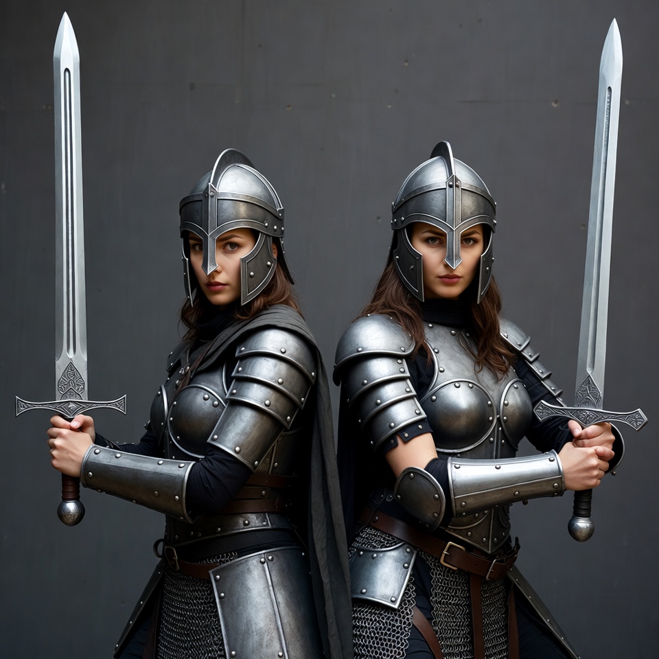 Two women in armor holding swords Two women in armor holding swords