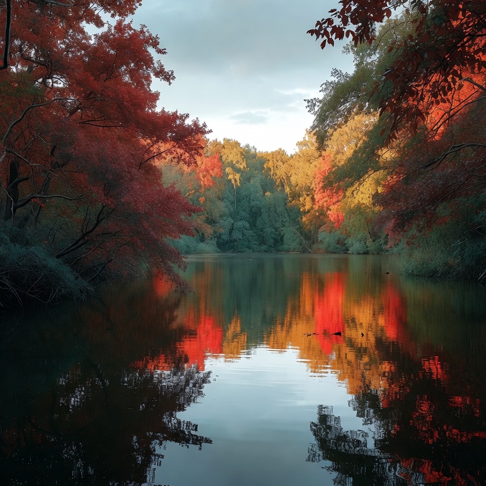 Autumn Forest Reflected in Calm Lake Autumn Forest Reflected in Calm Lake