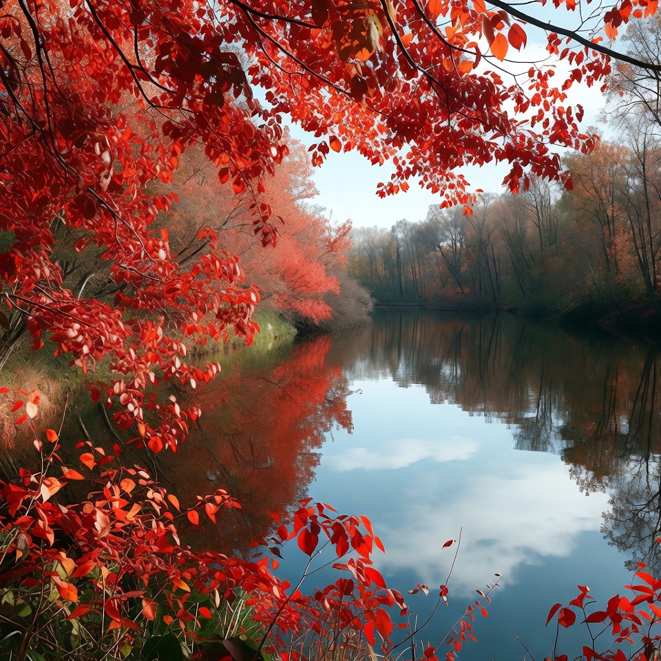 Autumn Red Trees Over Calm River Autumn Red Trees Over Calm River