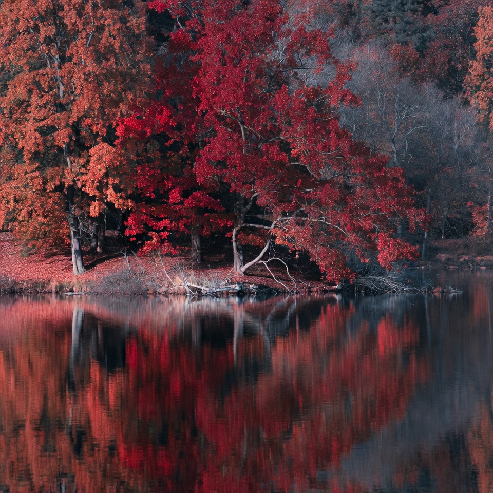 Red Autumn Trees Reflecting in Lake Red Autumn Trees Reflecting in Lake