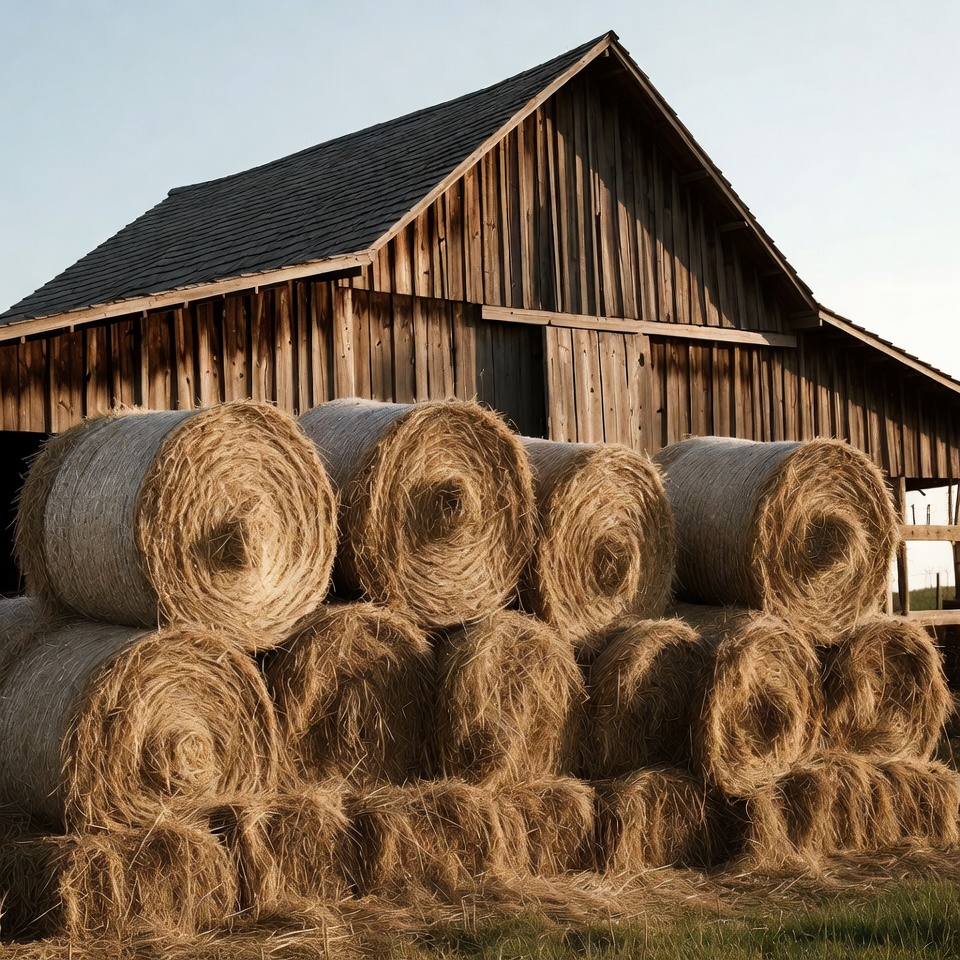 Hay bales stacked by barn Hay bales stacked by barn