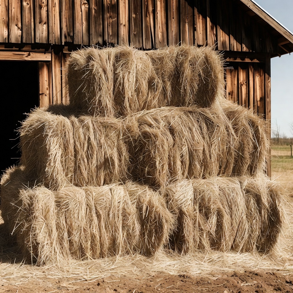 Hay bales stacked against barn Hay bales stacked against barn