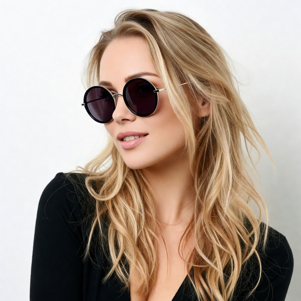 Blonde woman wearing round sunglasses Blonde woman wearing round sunglasses