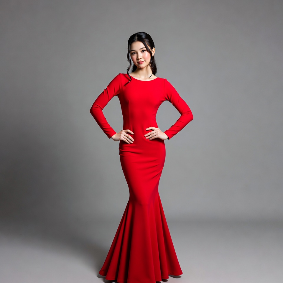 Asian woman in red mermaid dress Asian woman in red mermaid dress