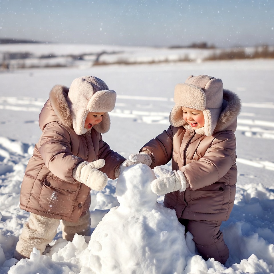 Twin girls building snowman Twin girls building snowman