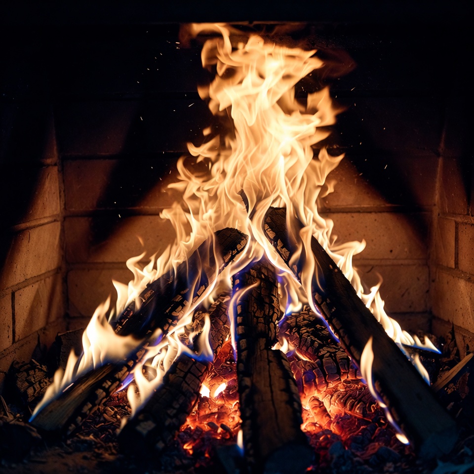 Blazing Fire in Brick Fireplace Blazing Fire in Brick Fireplace