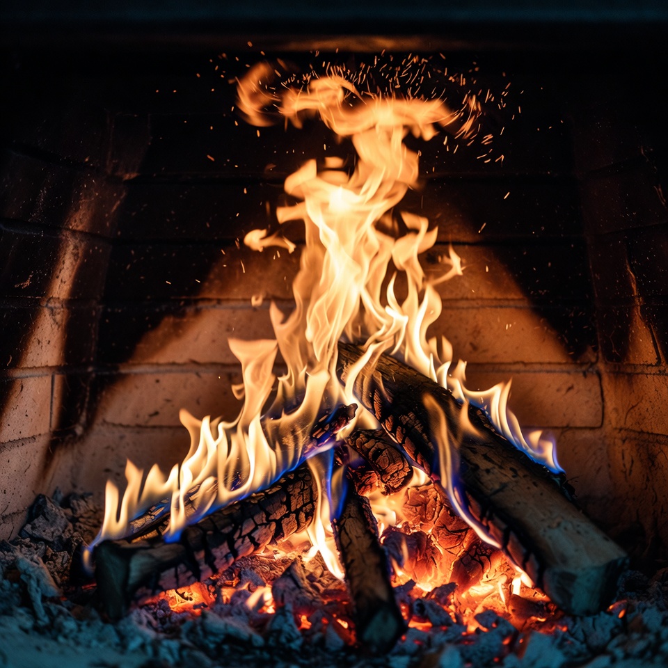 Burning Fire in Brick Fireplace Burning Fire in Brick Fireplace