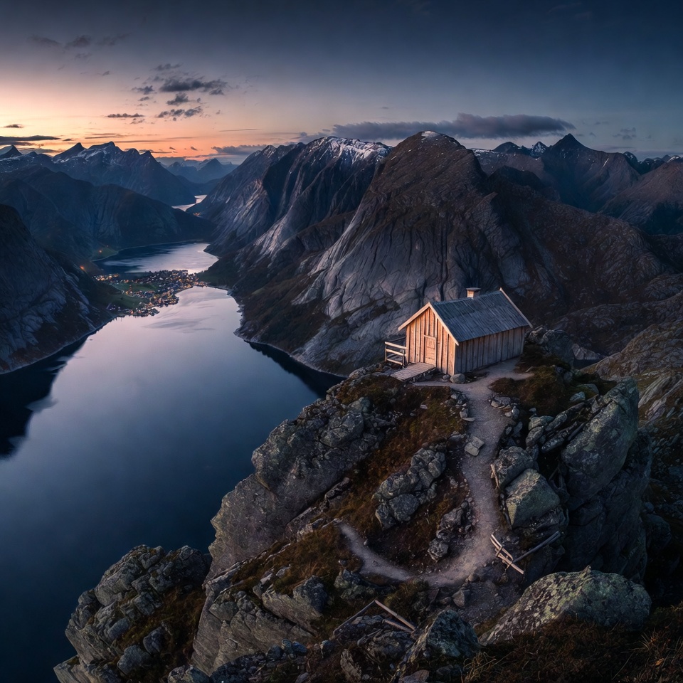 Wooden Cabin Overlooking Norwegian Fjord Wooden Cabin Overlooking Norwegian Fjord