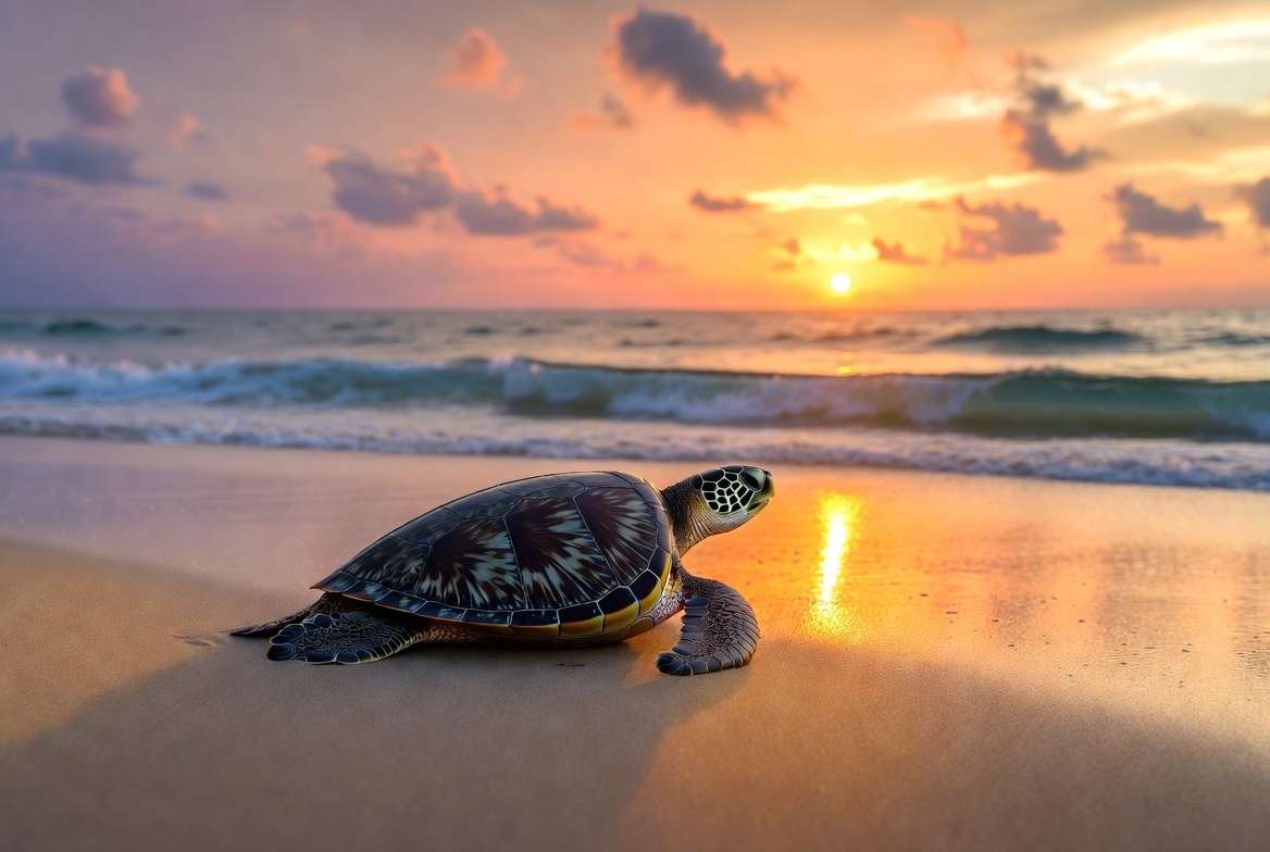 Baby Sea Turtle on Beach at Sunset Baby Sea Turtle on Beach at Sunset