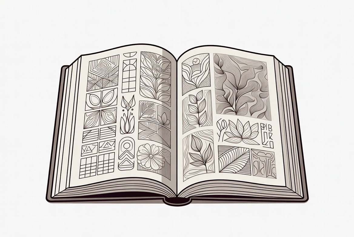 Open book with line art plants Open book with line art plants