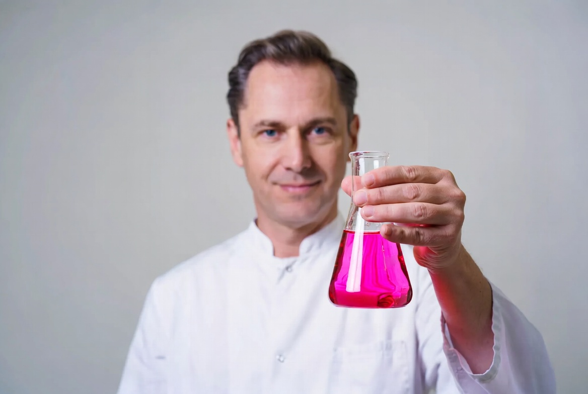 Man holding pink liquid flask Man holding pink liquid flask