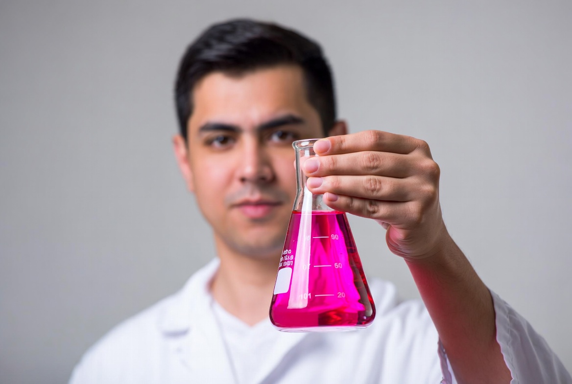Man holding pink liquid flask Man holding pink liquid flask