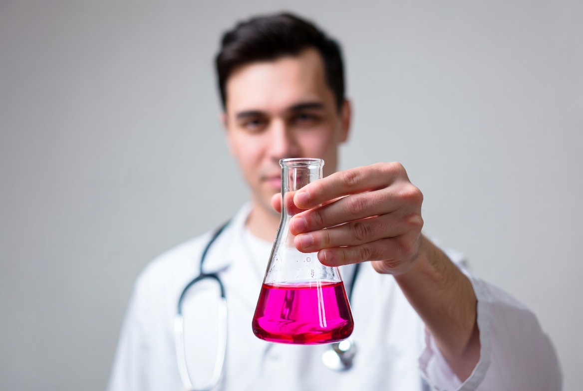 Man in lab coat holding pink flask Man in lab coat holding pink flask