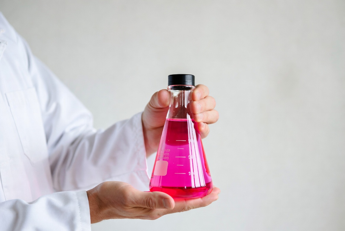 Man holding pink liquid Erlenmeyer flask Man holding pink liquid Erlenmeyer flask