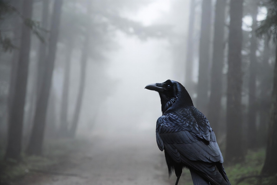 Raven Perched in Foggy Forest Raven Perched in Foggy Forest