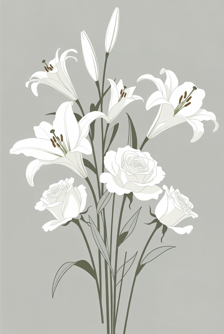 White Lilies and Roses Bouquet Illustration White Lilies and Roses Bouquet Illustration