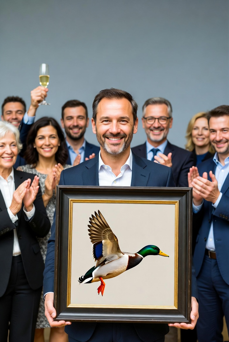 Man holding duck painting with clapping group Man holding duck painting with clapping group