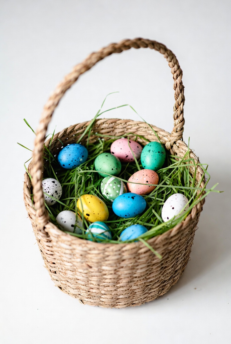 Colorful Easter Eggs in Wicker Basket Colorful Easter Eggs in Wicker Basket
