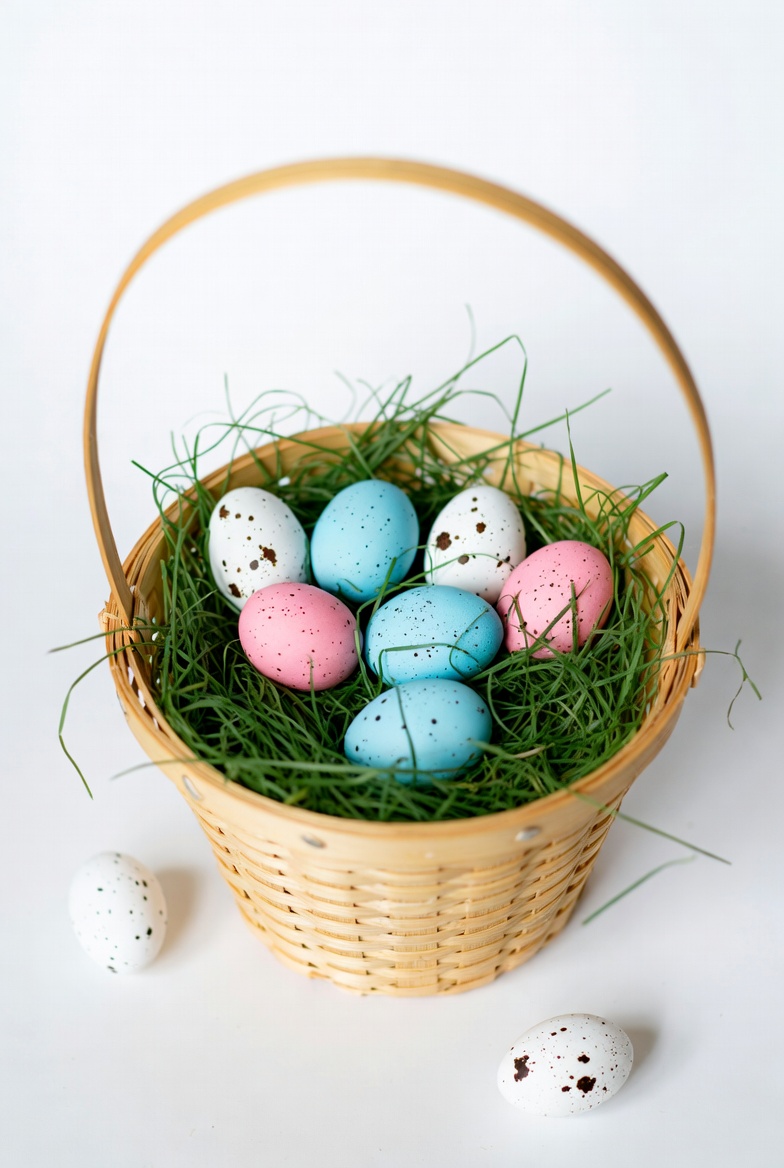 Colorful Easter Eggs in Wicker Basket Colorful Easter Eggs in Wicker Basket