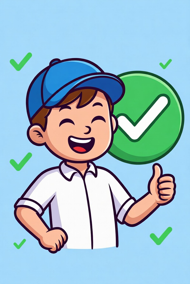 Cartoon boy giving thumbs up with checkmarks Cartoon boy giving thumbs up with checkmarks