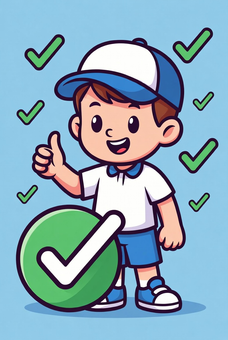 Cartoon boy giving thumbs up with checkmarks Cartoon boy giving thumbs up with checkmarks
