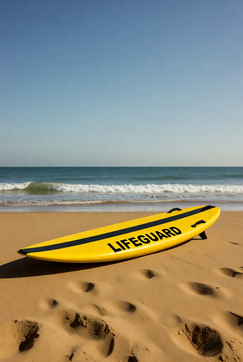 Yellow Lifeguard Surfboard on Beach Yellow Lifeguard Surfboard on Beach