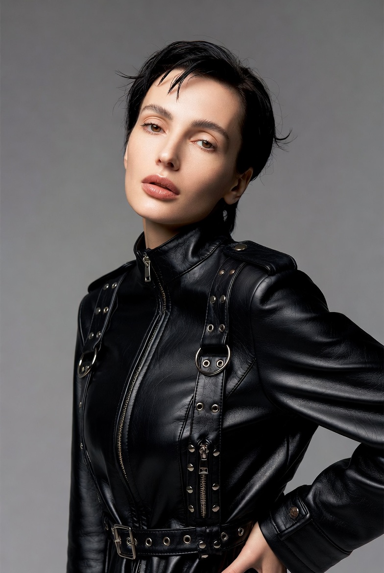 Woman in black leather harness jacket Woman in black leather harness jacket