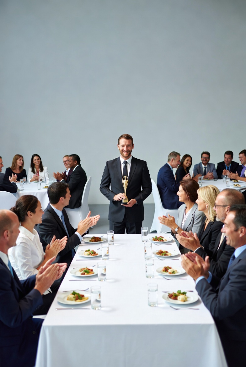 Man holding award at business dinner Man holding award at business dinner