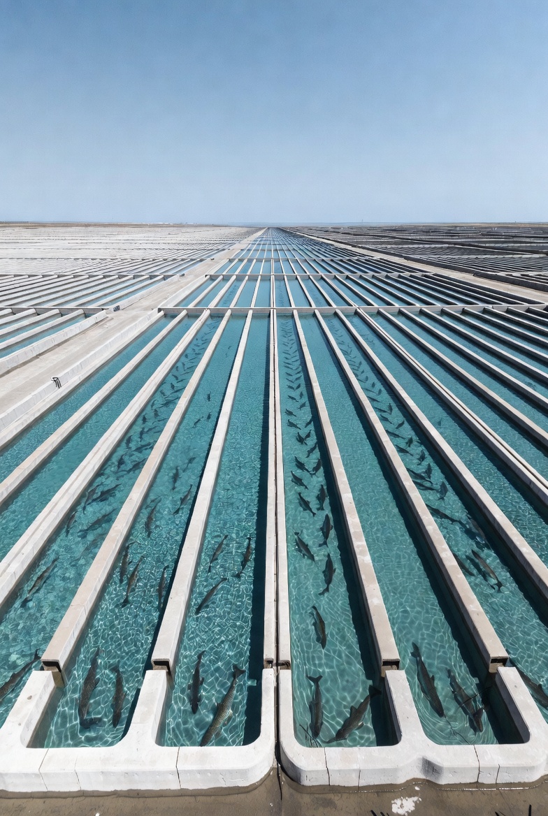 Fish Swimming in Long Aquaculture Pools Fish Swimming in Long Aquaculture Pools