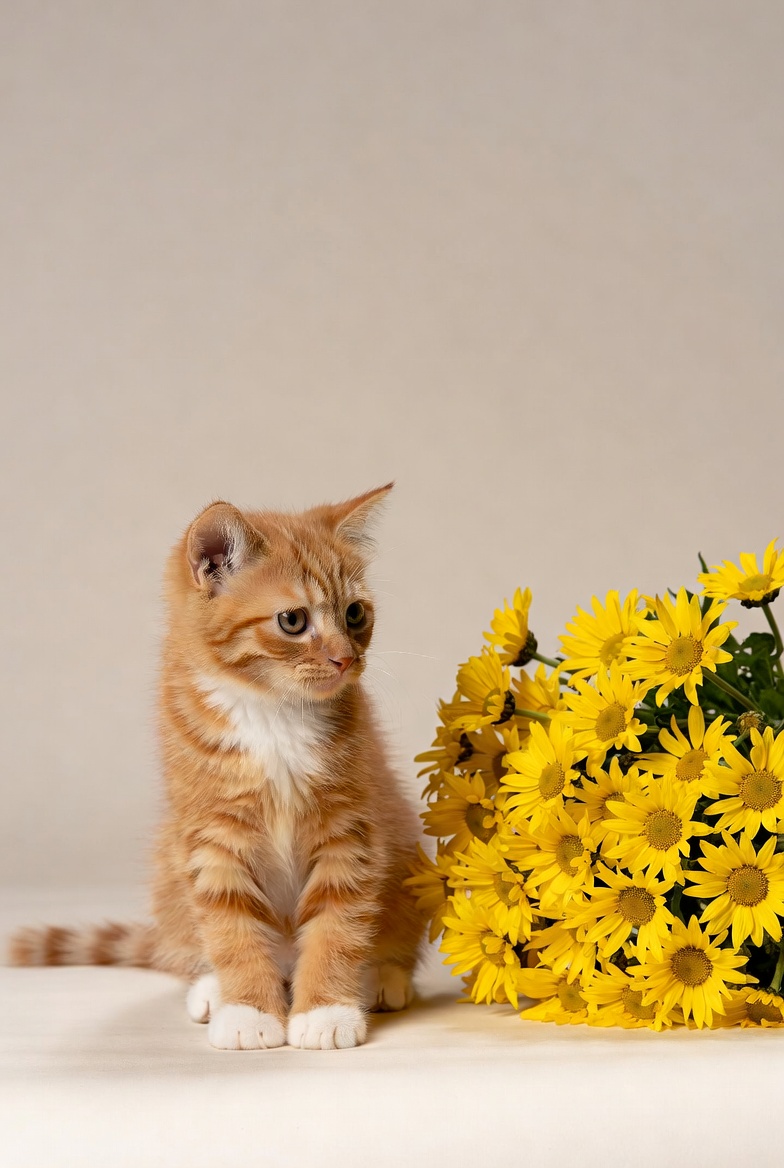 Orange kitten with yellow flowers Orange kitten with yellow flowers