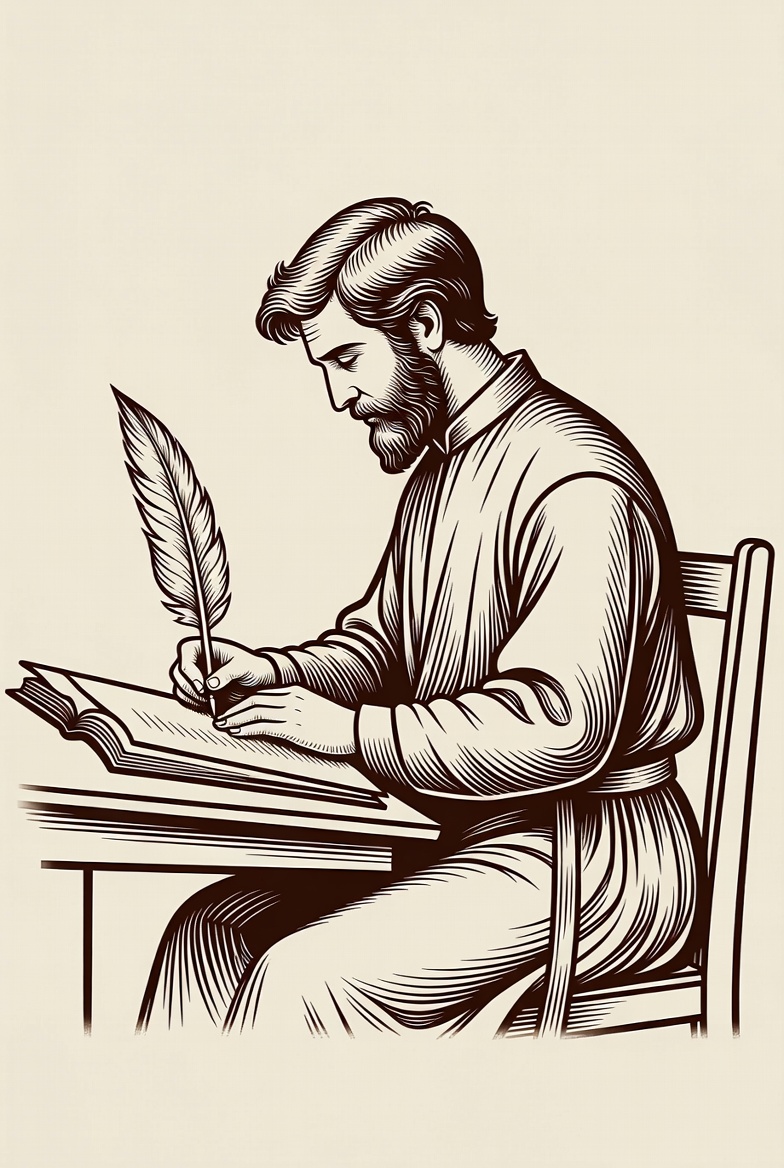 Bearded man writing with quill Bearded man writing with quill
