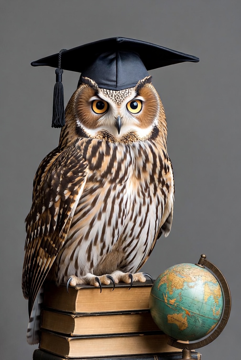 Owl wearing graduation cap on books Owl wearing graduation cap on books