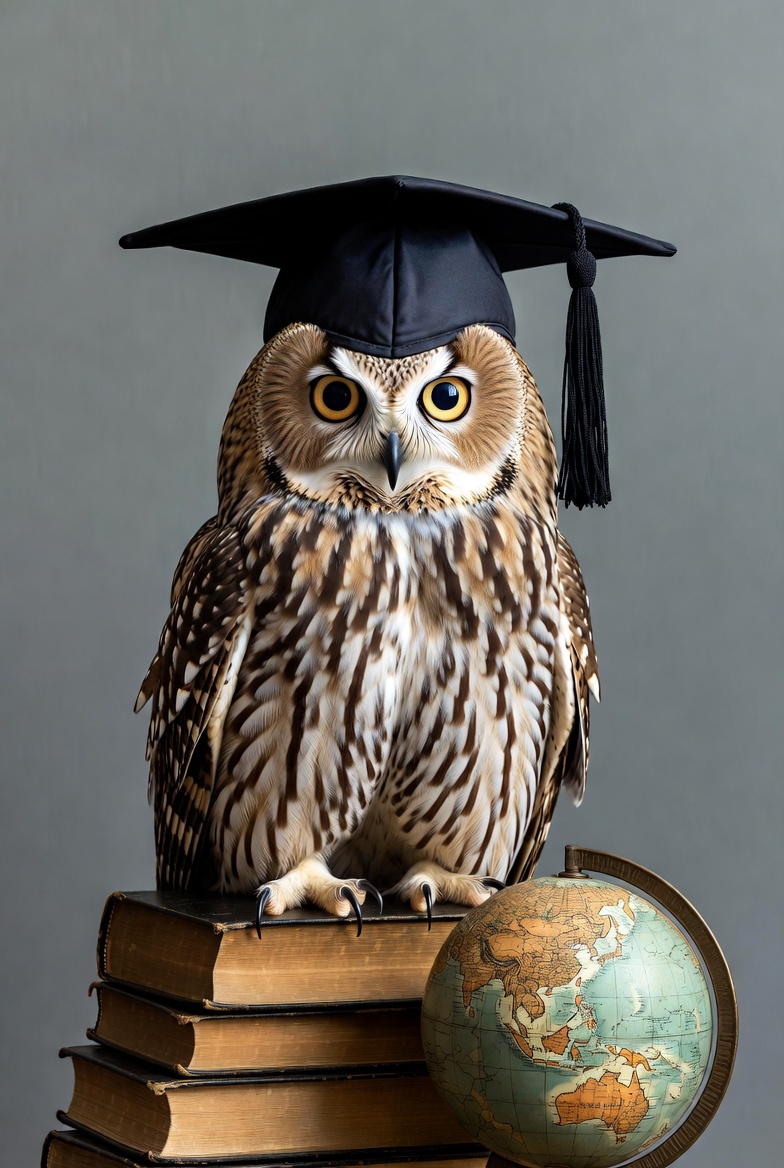 Owl wearing graduation cap on books Owl wearing graduation cap on books
