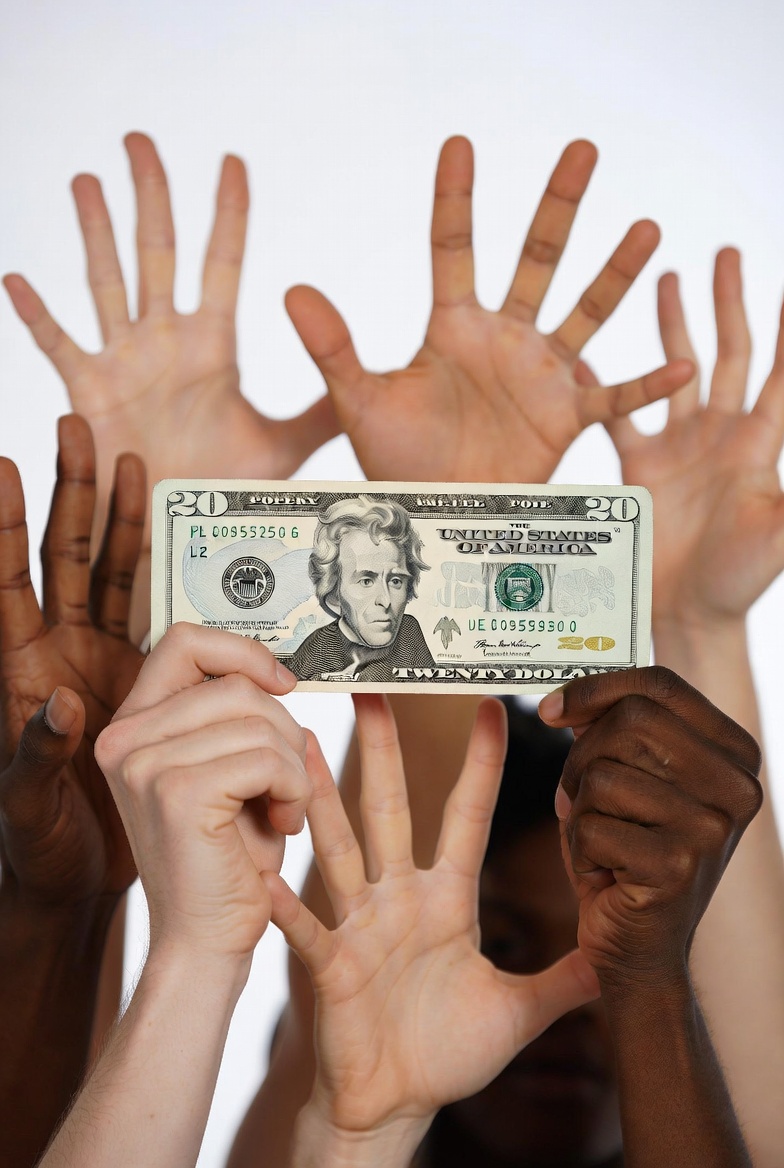 Diverse hands holding twenty dollar bill Diverse hands holding twenty dollar bill