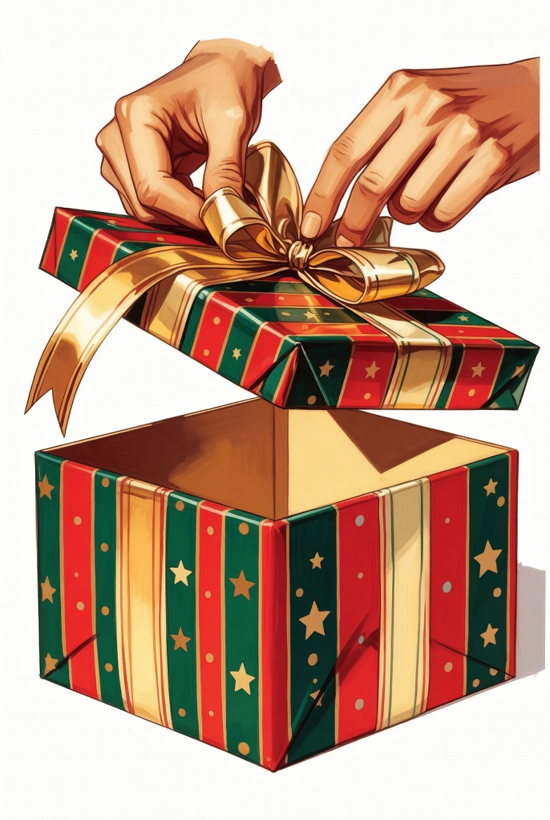 Hands Unwrapping Gold Bow Gift Box Hands Unwrapping Gold Bow Gift Box