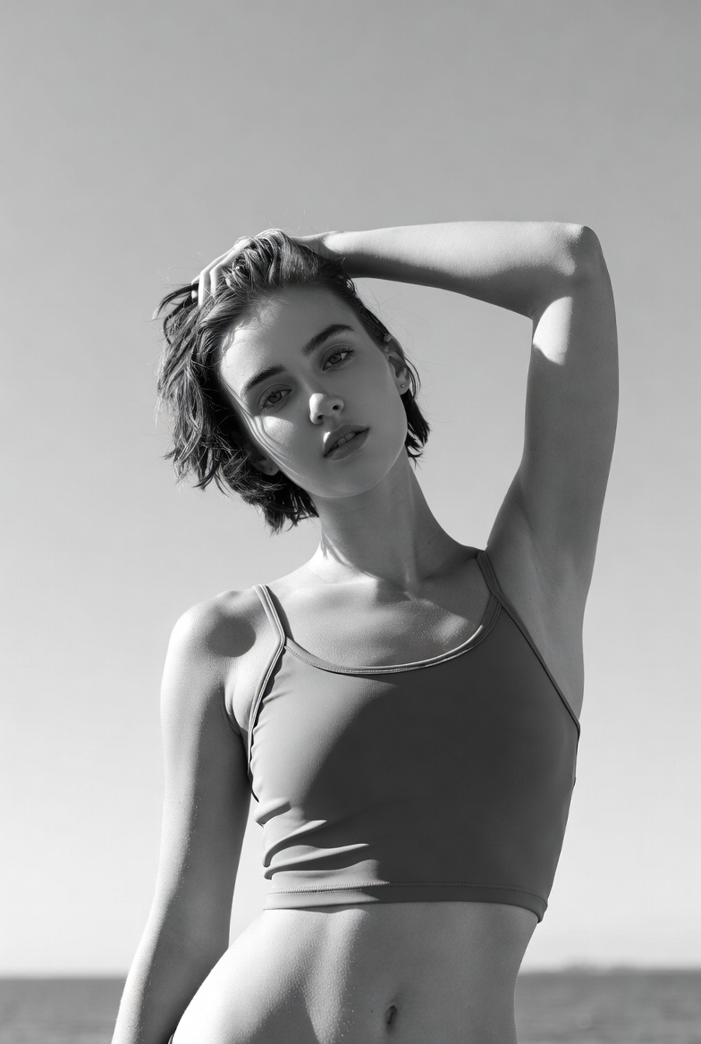 Woman posing with hand on head Woman posing with hand on head