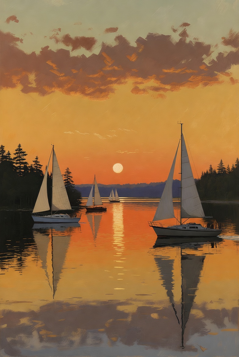 Sailboats at Sunset on Calm Lake Sailboats at Sunset on Calm Lake