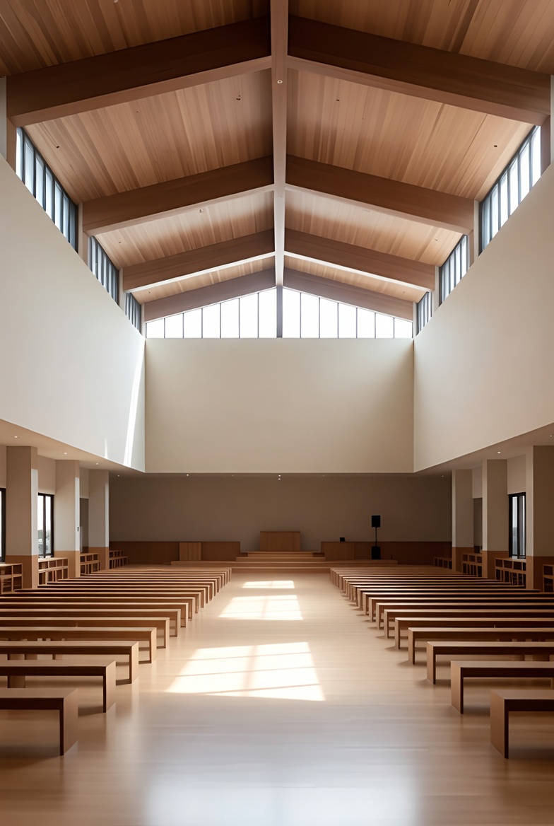 Empty Wooden Church Interior with Pews Empty Wooden Church Interior with Pews