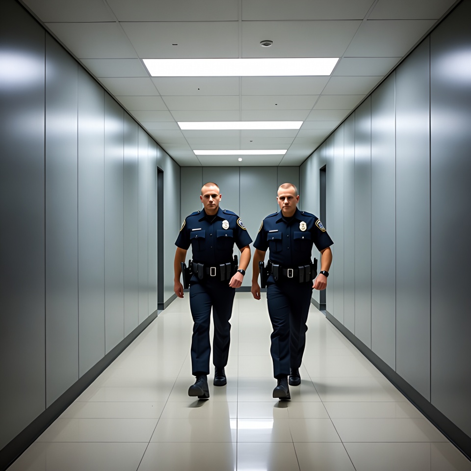 Two police officers walking in hallway Two police officers walking in hallway
