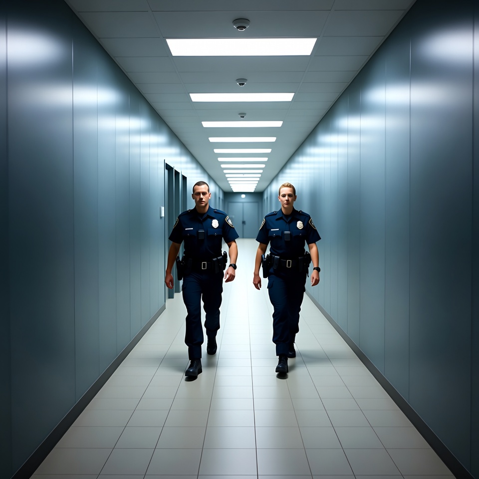 Two police officers walking in corridor Two police officers walking in corridor