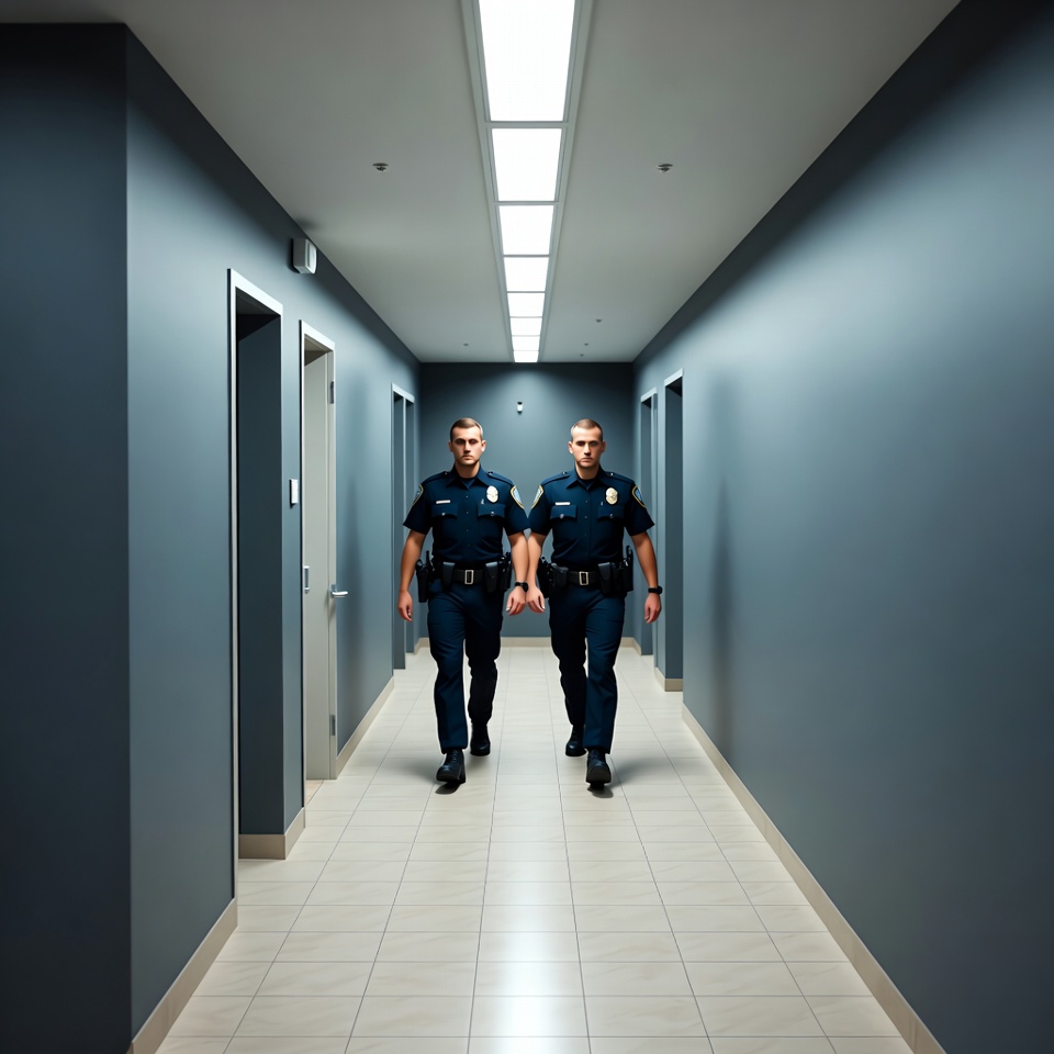 Two police officers walking in hallway Two police officers walking in hallway