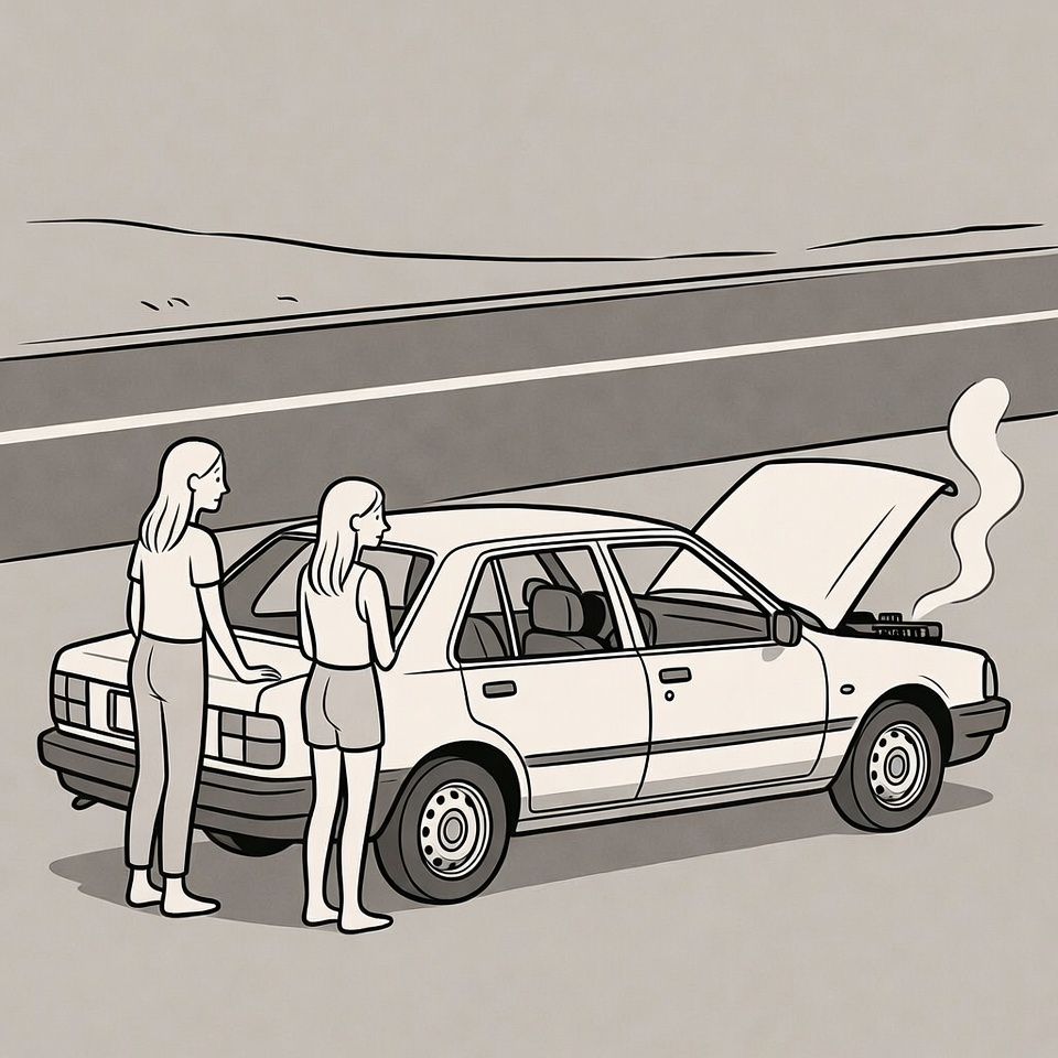 Two women inspecting broken car Two women inspecting broken car