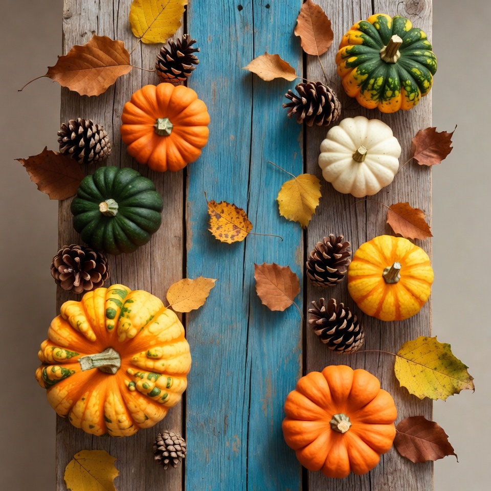 Autumn Pumpkins and Pinecones on Wood Autumn Pumpkins and Pinecones on Wood