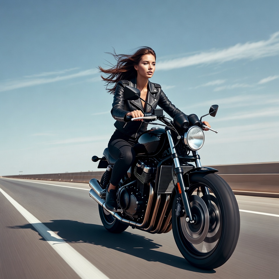 Woman riding black motorcycle on highway Woman riding black motorcycle on highway