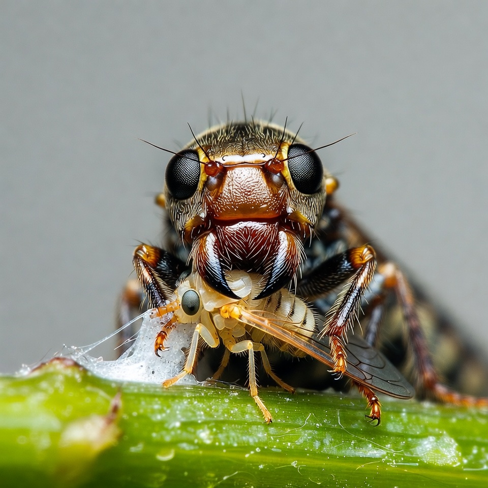 Robber Fly Eating Aphid on Leaf Robber Fly Eating Aphid on Leaf