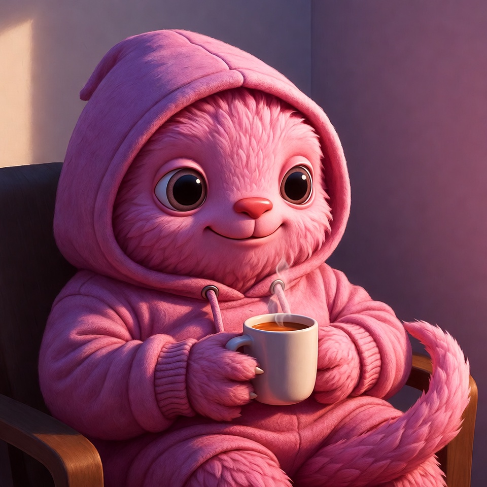 Pink furry creature drinking tea Pink furry creature drinking tea