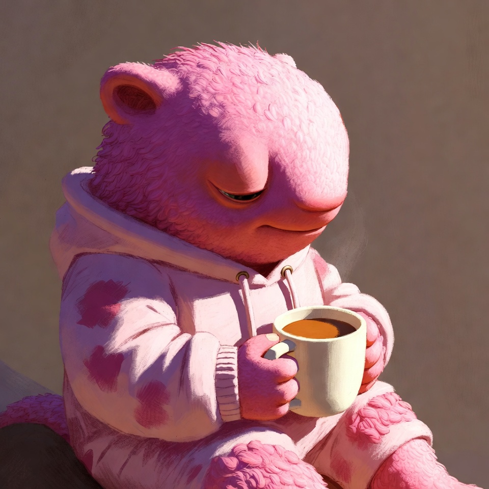 Pink furry creature drinking coffee Pink furry creature drinking coffee