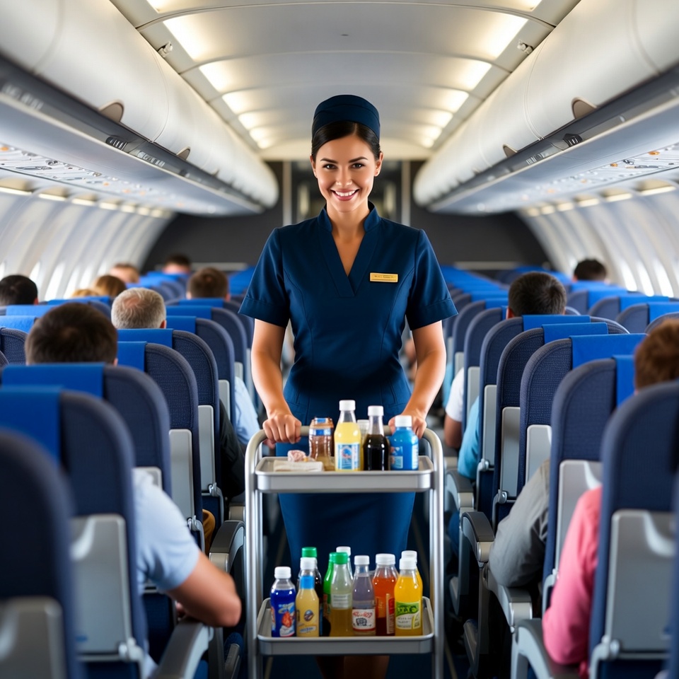 Flight Attendant Serving Drinks Airplane Flight Attendant Serving Drinks Airplane