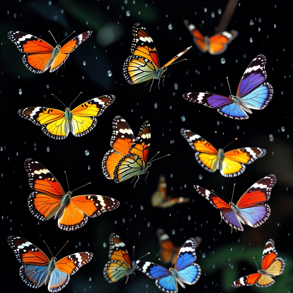 Colorful Butterflies Flying on Black Background Colorful Butterflies Flying on Black Background