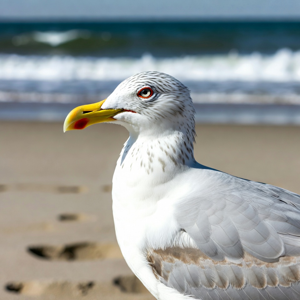 Seagull on beach facing ocean Seagull on beach facing ocean